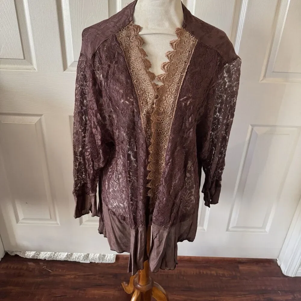 Channa FLAW Womens Open Rayon Cardigan M Brown Lace Fairy Grunge Whimsygoth Boho